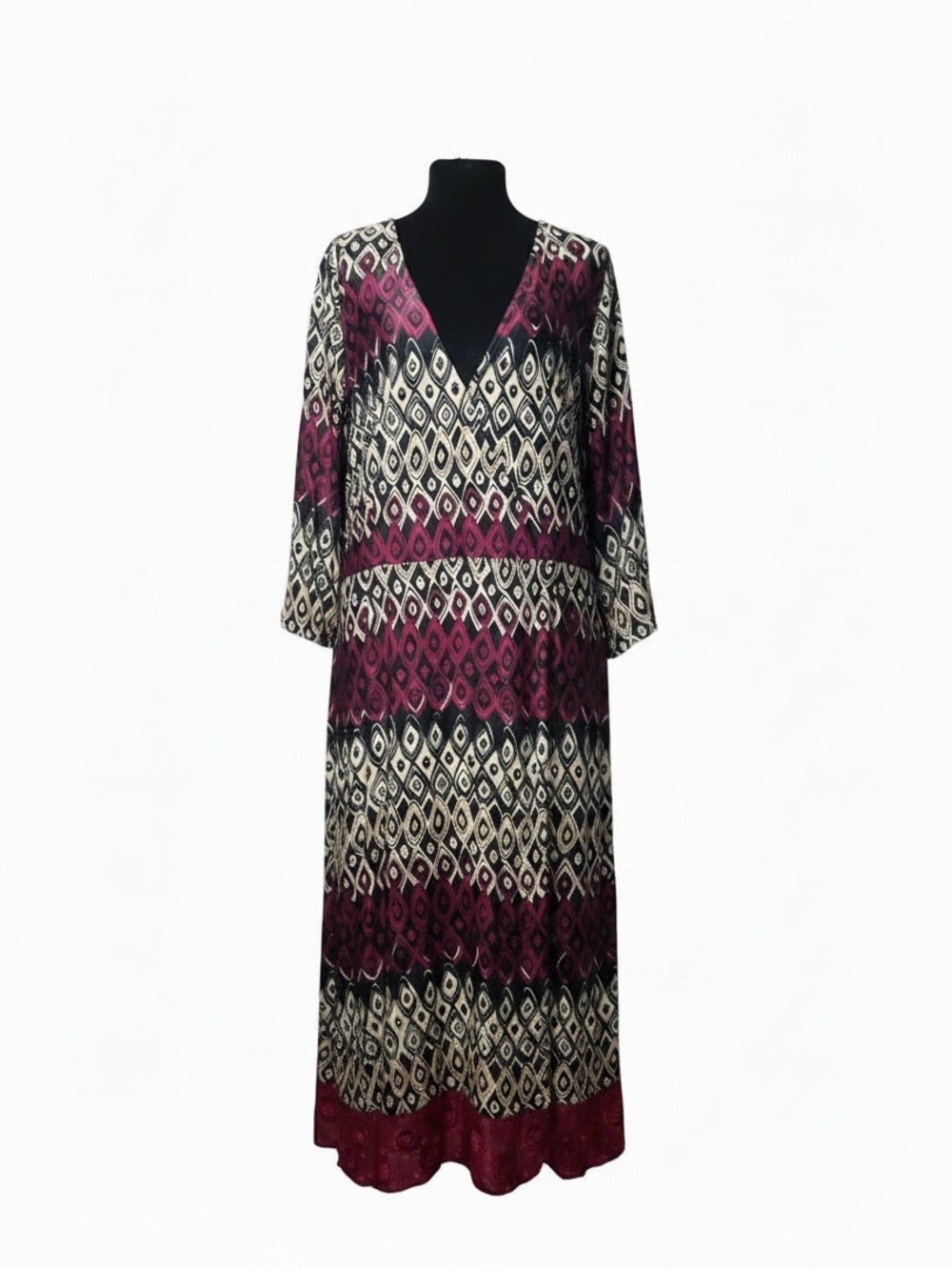 Just My Size Burgundy and Cream Geometric V-Neck Embroidered Lace Hem Maxi Dress
